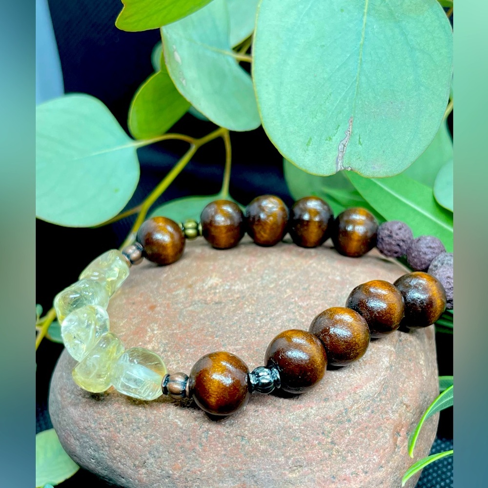 Elegant real Citrine gemstones with brown wooden beads and lava stones!